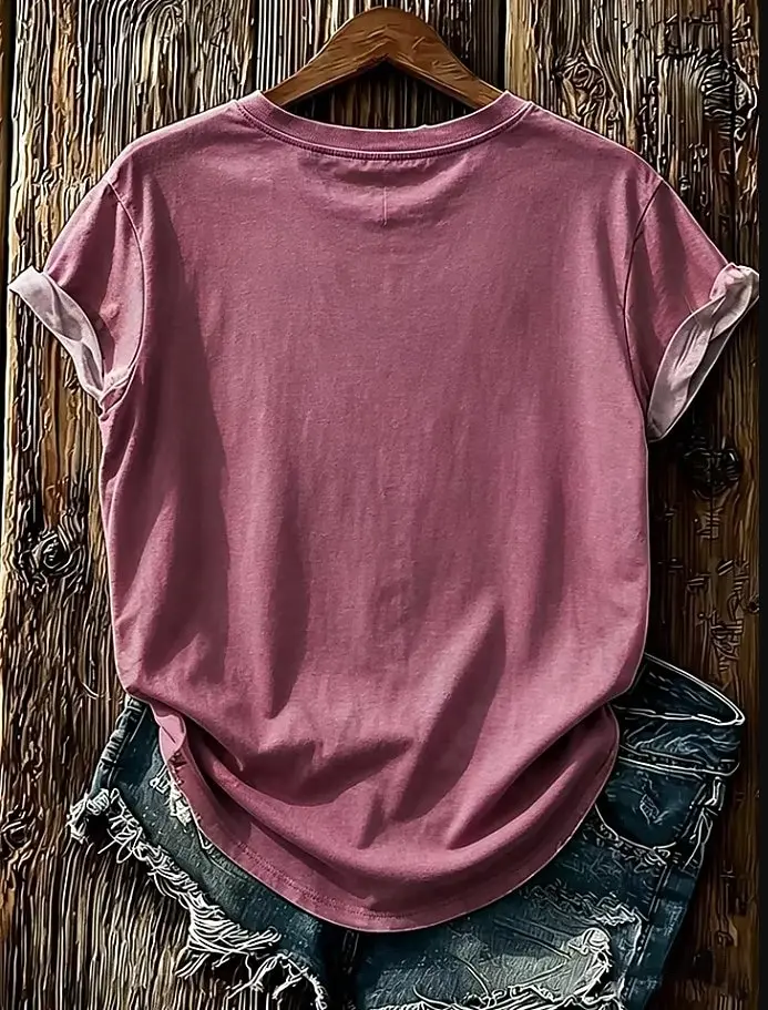 Women's Spring Summer 3D Printed Crew Neck Tee, Dusty Rose Solid Vintage Wash Basic Versatile Commute Daily Top