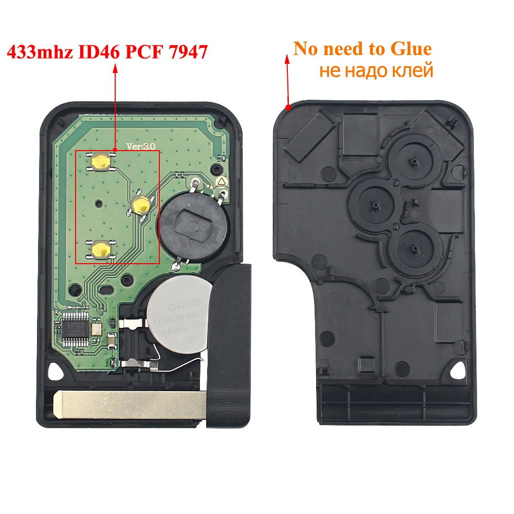 KEYYOU-PCB Cartão chave inteligente ultra-sônico para Renault, botão remoto 3, chip PCF7947, ID46, Megane II, Scenic II, Grand Scenic, 433mhz