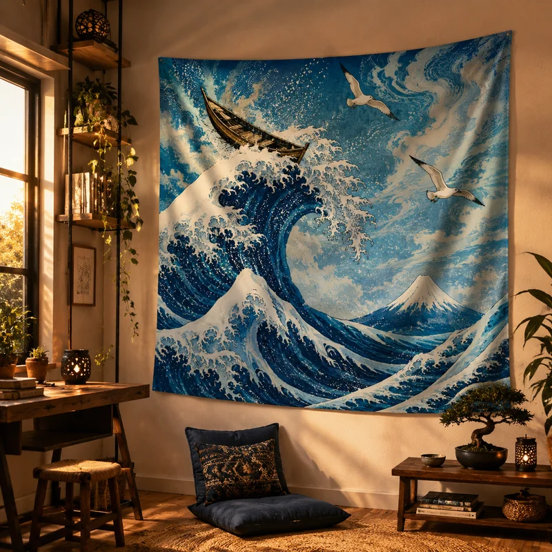 VIKAMA Wandteppich mit blauen Meereswellen und Mount Fuji, japanische Kunst, Wandbehang, Schlafsaal, Wohnzimmer, Hintergrundstoff, Deko