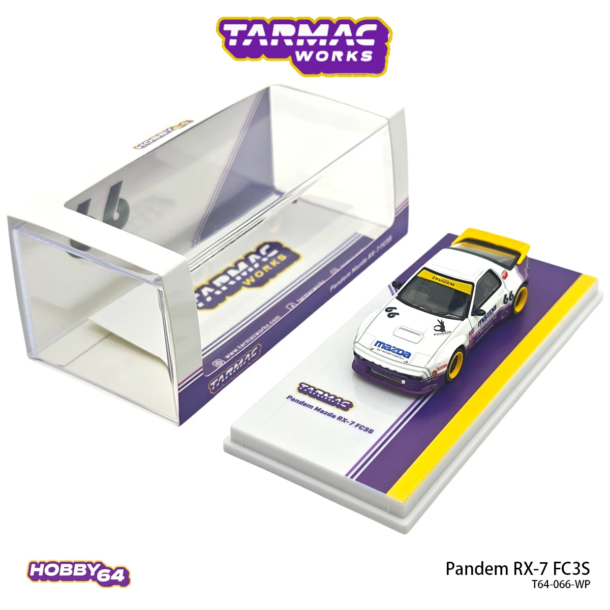 Tarmac Works Hobby64 T64-066-WP 1:64 Pandem RX-7 FC3S, modèle de voiture en métal moulé sous pression, finition blanc, violet, jaune, Widebody, en stock