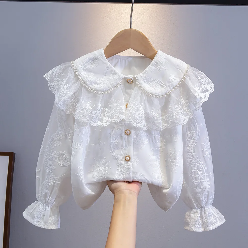 2026 Girls Cotton White Shirt Spring Autumn Long Sleeve Lace Doll Collar Korean Student Class Uniform Stylish Kids Top