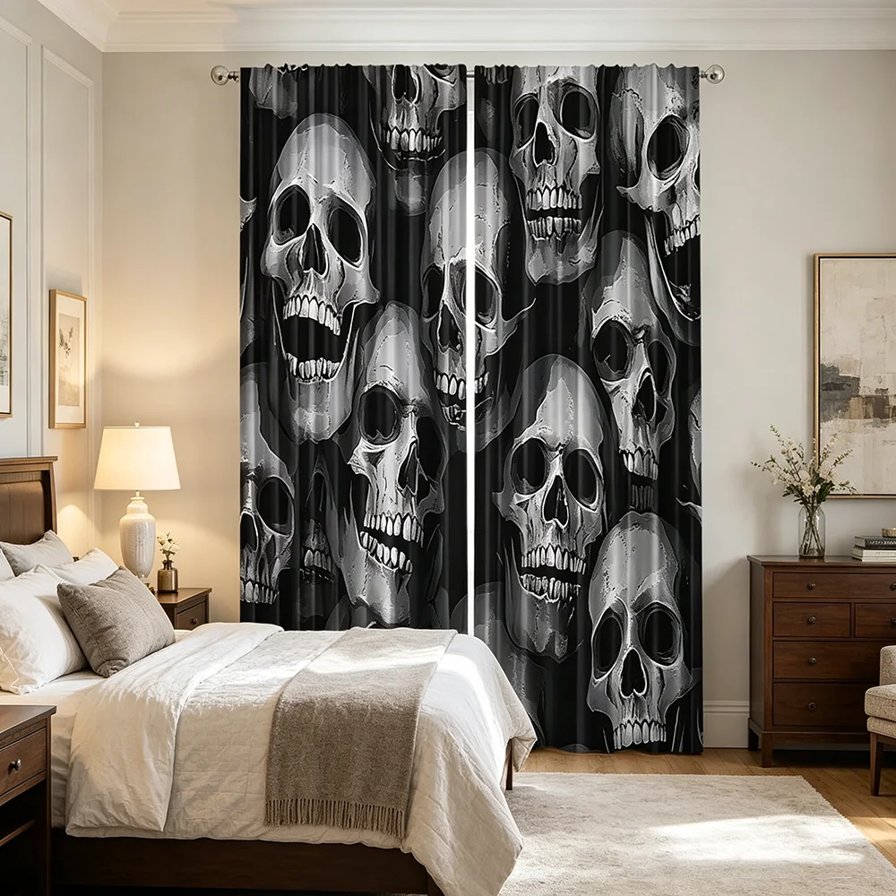 2PCS Digital Printed Curtains with Gothic Skull Design, Stylish Window Drapes for Living Room Bedroom Home Decoration and Kitche