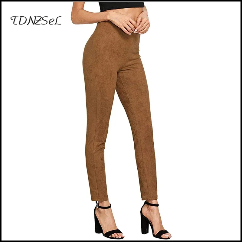 Women Fashion Faux Suede Tan Leather Pencil Pant Lady High Waist Skinny Trousers Stretch Seamless Leggings Support Custom