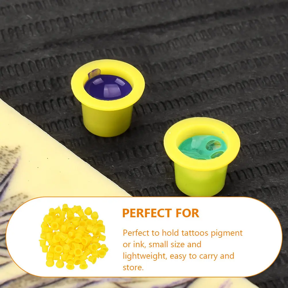 

100Pcs Yellow Tattoo Ink Cups Thickened Plastic Pigment Containers Spill Resistant Wide Rim for Microblading and