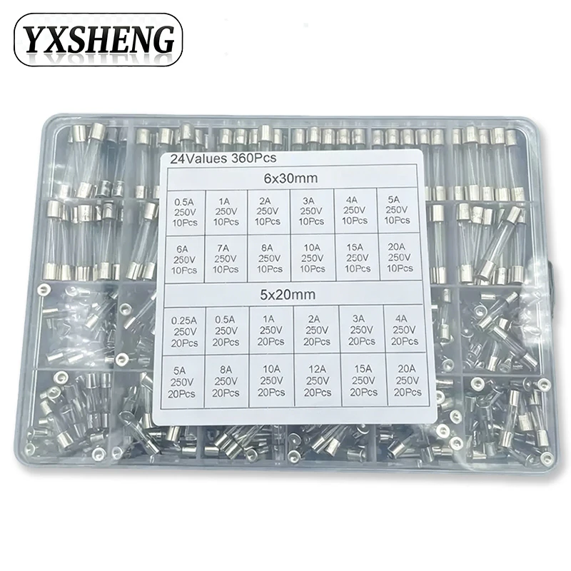 360PCS 5*20mm 6*30mm 250V 0.25A 0.5A 1A 2A 2.5A 3A 4A 5A 6A 8A 10A 15A 20A 24Values Ceramic Fuse Combination Box 5x20 6x30mm