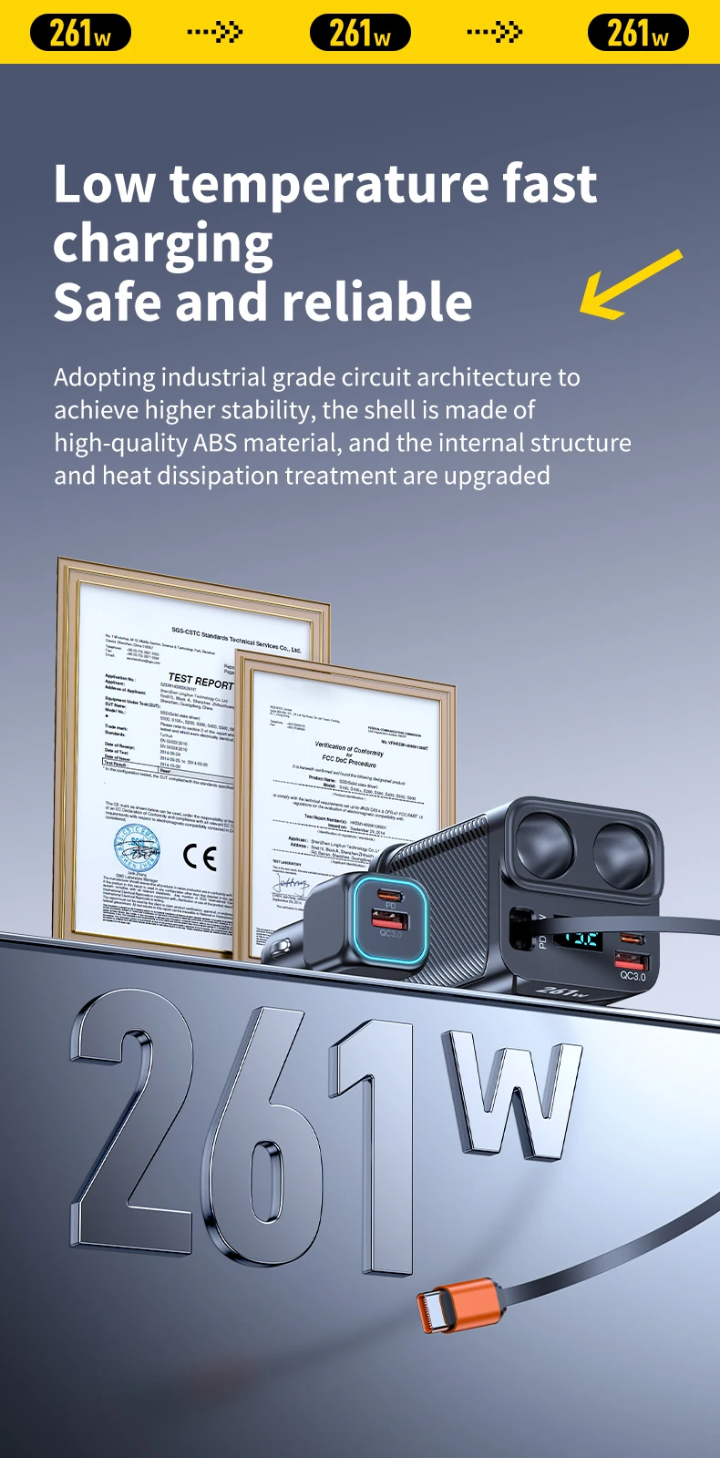 7-in-1-Zigarettenanzünder-Adapter, Getränkehalter, 261 W, Autoladegerät, Adapter mit PD45W-Aufladung, 24 V/12 V, Zigarettenanzünder-LED-Voltmeter – Detail 12