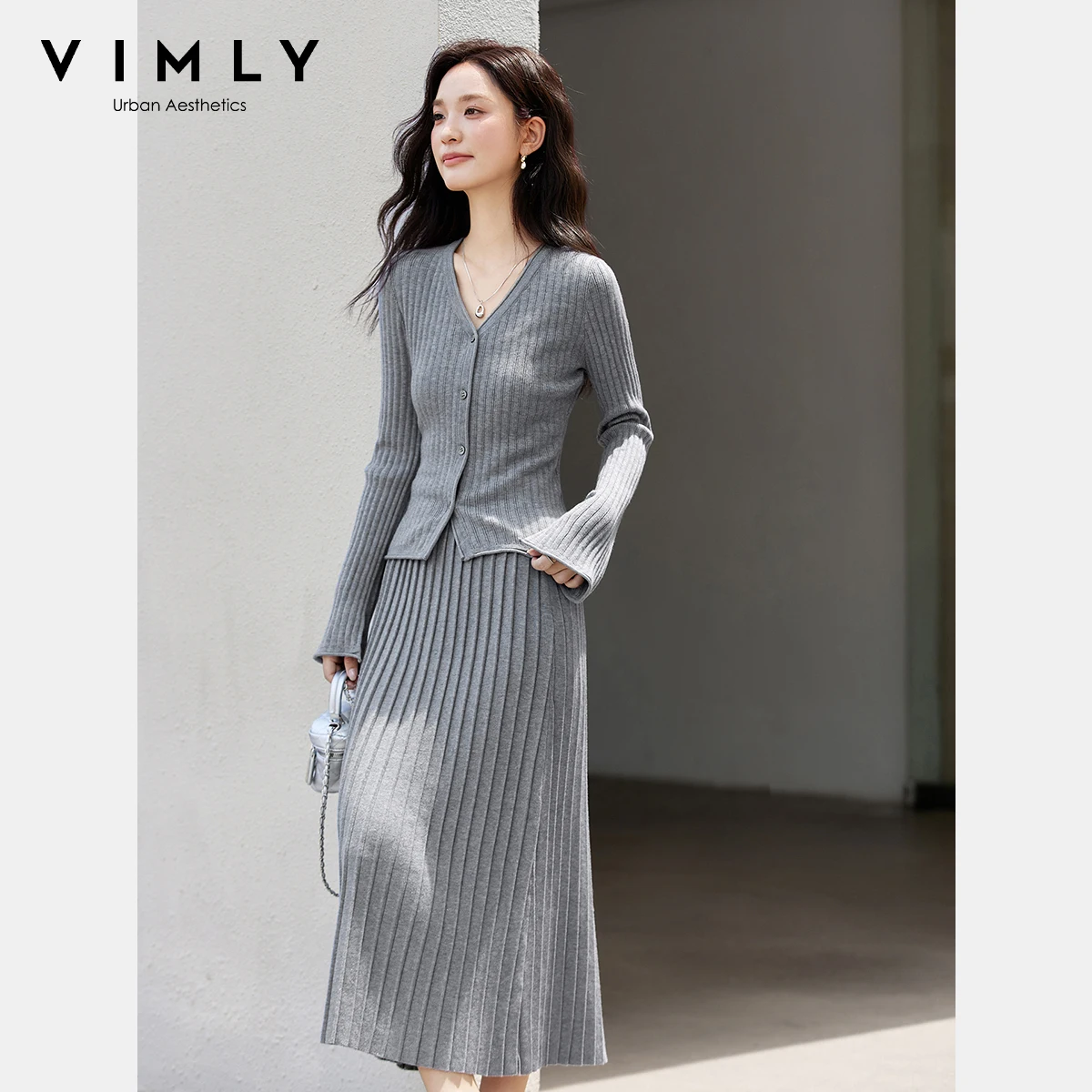 

VIMLY Women Gray New Two Piece Skirt Sets Casual Knitted Slim Fit V-neck Long Sleeve Tops Pleated Long Skirts Woman Suits 75060