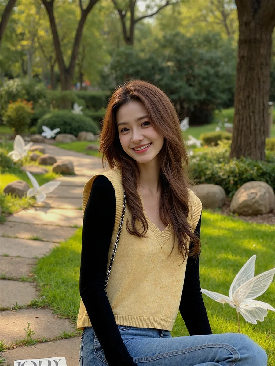 

Women'S Sweater Vests Crochet V-Neck Autumn Loose Fit Ribbed Knitted Sleeveless Button-Up Pockets Warm Casual Clothing Female