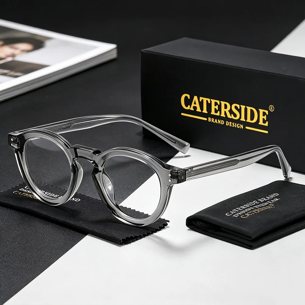 CATERSIDE Fashion Men Anti Blue Light Glasses with Circular Frame Cellulose Propionate Temple Tips for Women Decorative Glasses