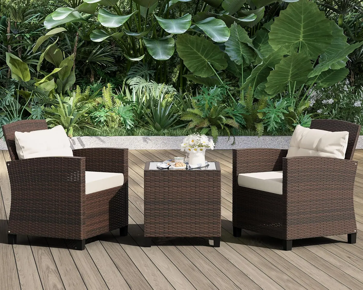 

3 Pieces Patio Furniture Set 3 Pieces PE Rattan Wicker Chairs with Table Outdoor Furniture for Backyard/Garden/Poolside