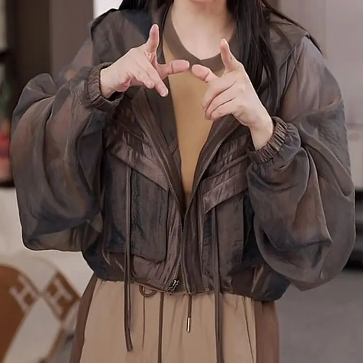 

European Design Pocket Sun Protection Jacket Summer New Fashion Breathable Versatile Windbreaker Top Women's Short Outerwear