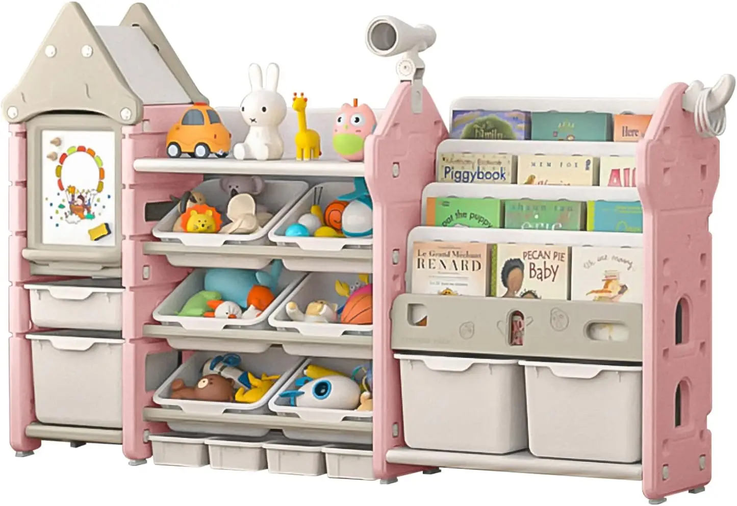 

Kids Toy Storage Organizer and Children Bookshelf, with 14 Bins, Pull-Out Drawers Multipurpose Shelf for Toddlers to Or