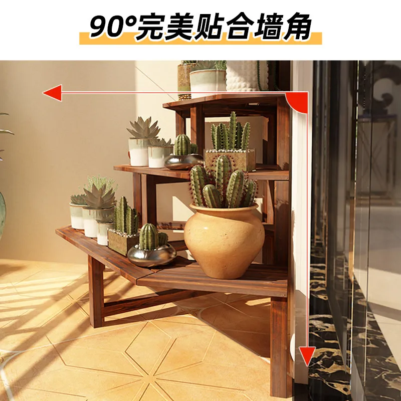 Anticorrosive wood balcony corner flower stand Outdoor triangular floor-to-ceiling large flower pot stand Solid wood corner