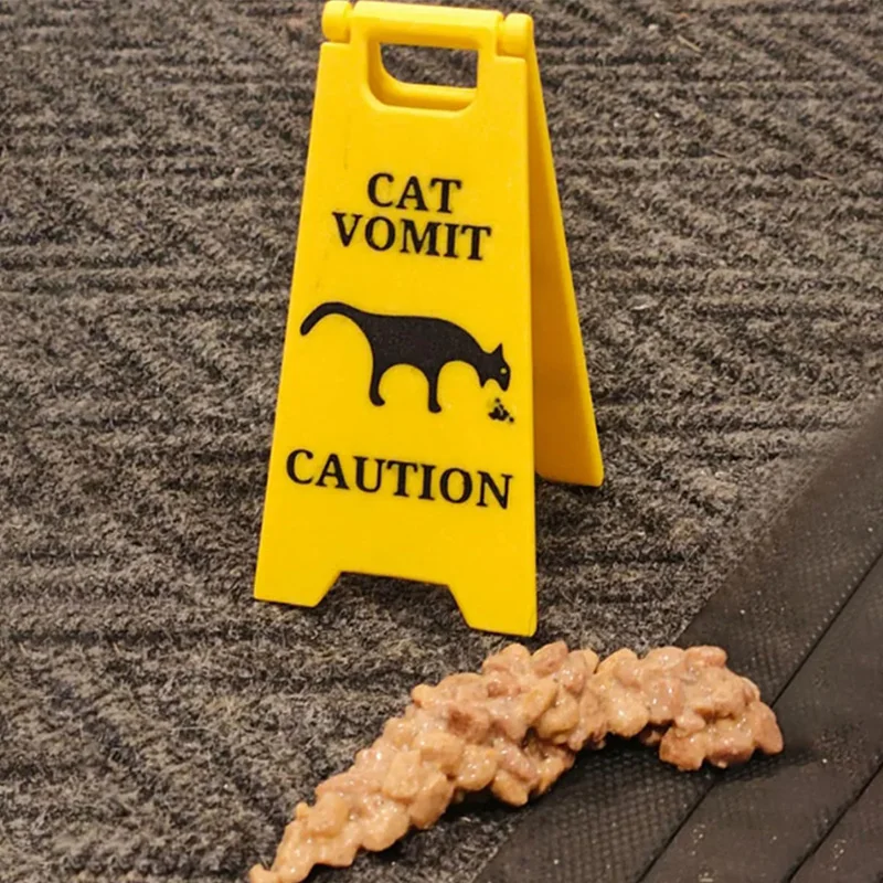 Funny Cat Signs Decor Cat Vomit Sign Bright Yellow Warning Pet Vomit Decoration Durable Desk Decor Unique Gift for Pet Lovers