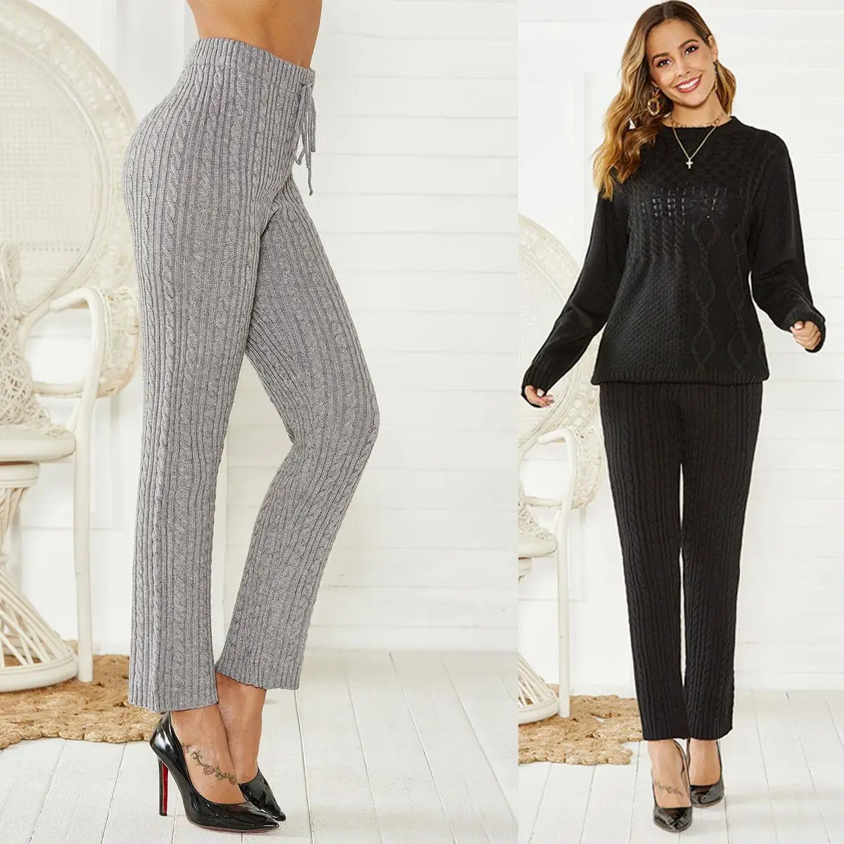 

New Fried Dough Twists Wool Leggings Middle Waist Elastic Slim Warm Autumn Winter Knitted Pants