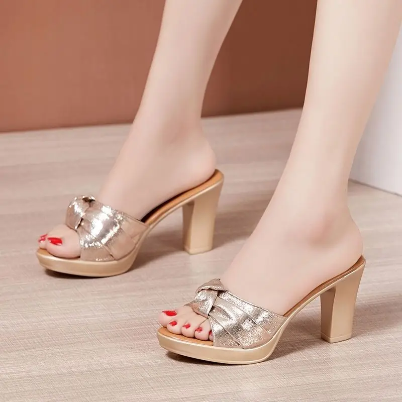 Woman\'s Fashion Crystal Platform Sandals Women Peep Toe Casual Slippers Summer New Shoes on Heels Outdoor Black High Heel Slides