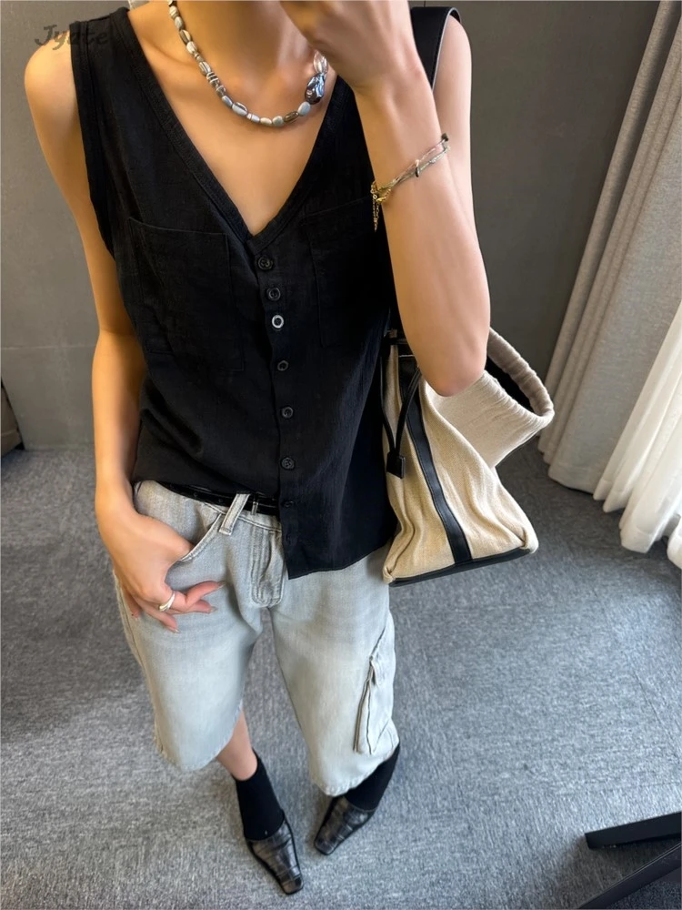 Casual Women Thin Cotton Summer Vest 2024 New V-neck Pocket Single Breasted Office Lady Tank Beige Black Fashion Sleeveless Top