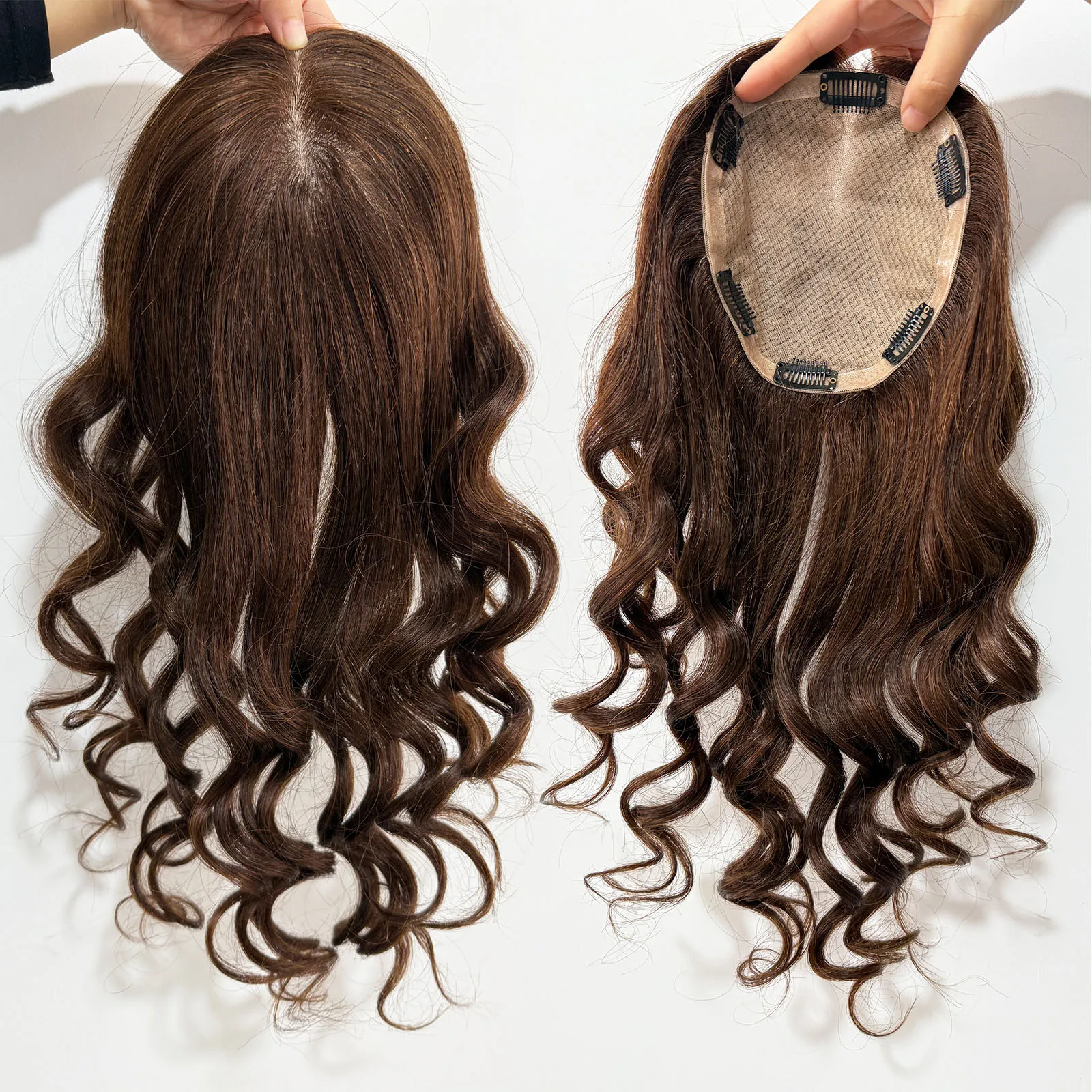 شعر بشري بني متوسط مع مشابك في قطع شعر برازيلية ريمي حقيقية للنساء، قطعة علوية حريرية مموجة فضفاضة خفيفة الوزن