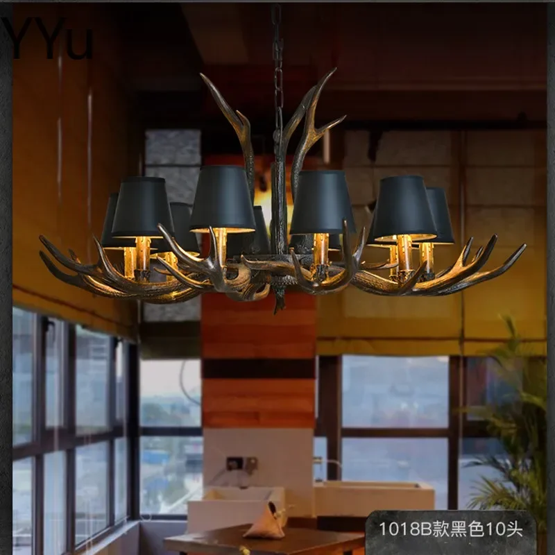 Retro Antlers LED Chandelier Table Dining Living Room Kitchen Black Fabric Decor Pendant Lamp Rustic Interior Lighting Fixture