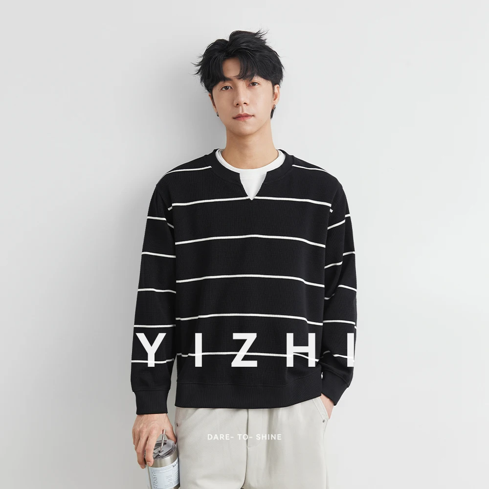Fashion Men's V-neck Striped Long Sleeve Sweater Autumn New Fake Two-piece Knitted Jacquard Fabric Top Bottoming Shirt Pullover