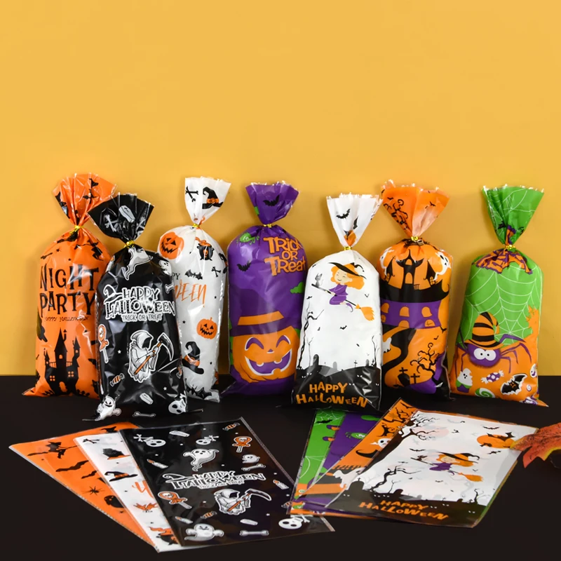 50pcs Halloween Gift Bags Pumpkin Ghost Spider Bat Candy Cookie Bags Kids Gift Packaging Bag Trick or Treat Halloween Decoration