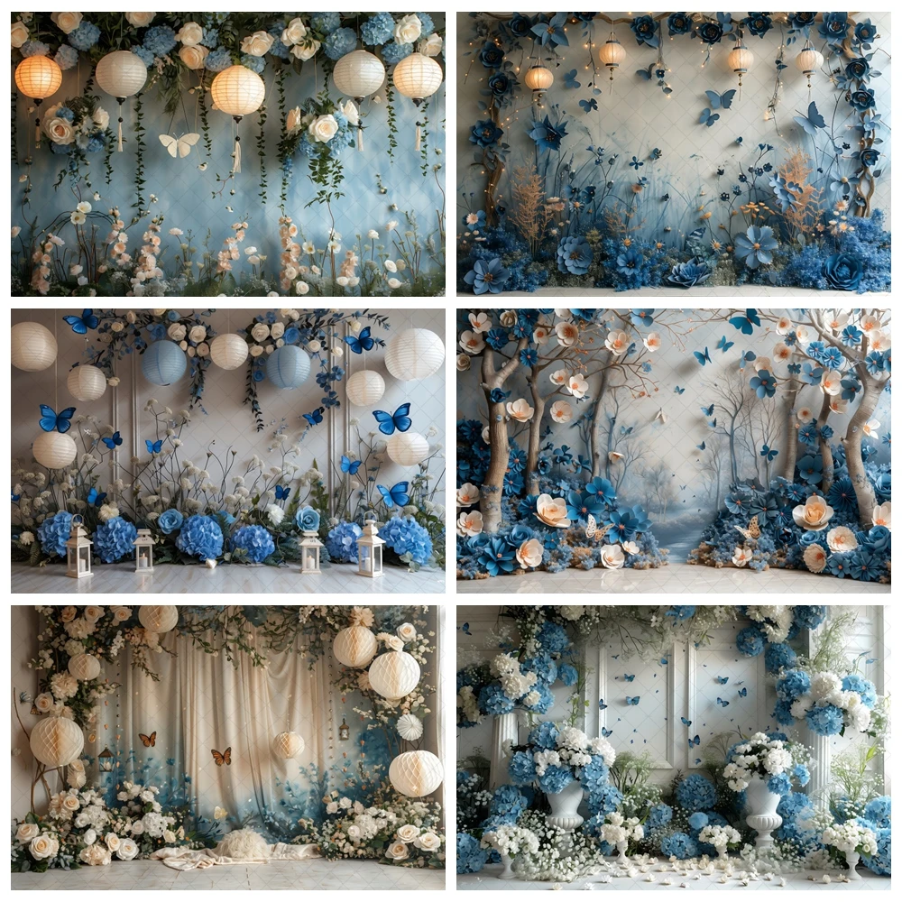 Fondo de fotografía de boda de mariposa degradado azul, retratos de flores de fantasía personalizados, decoración de fotos, accesorios de estudio fotográfico