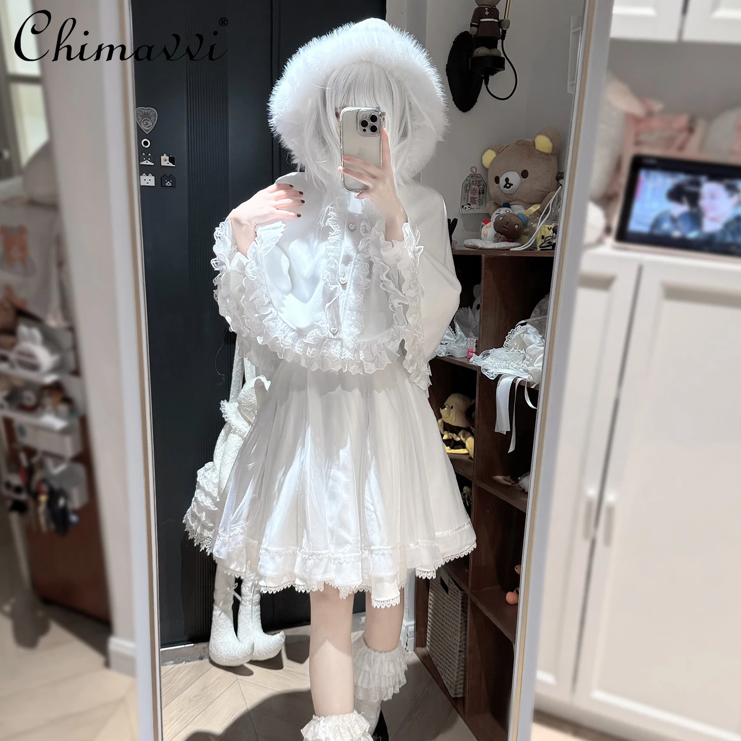 

Original Japanese Subculture Oversize Lolita Sets Autumn Winter Sweet Girl Shawl Top Cute Cape Warm Woolen Coat and Skirt