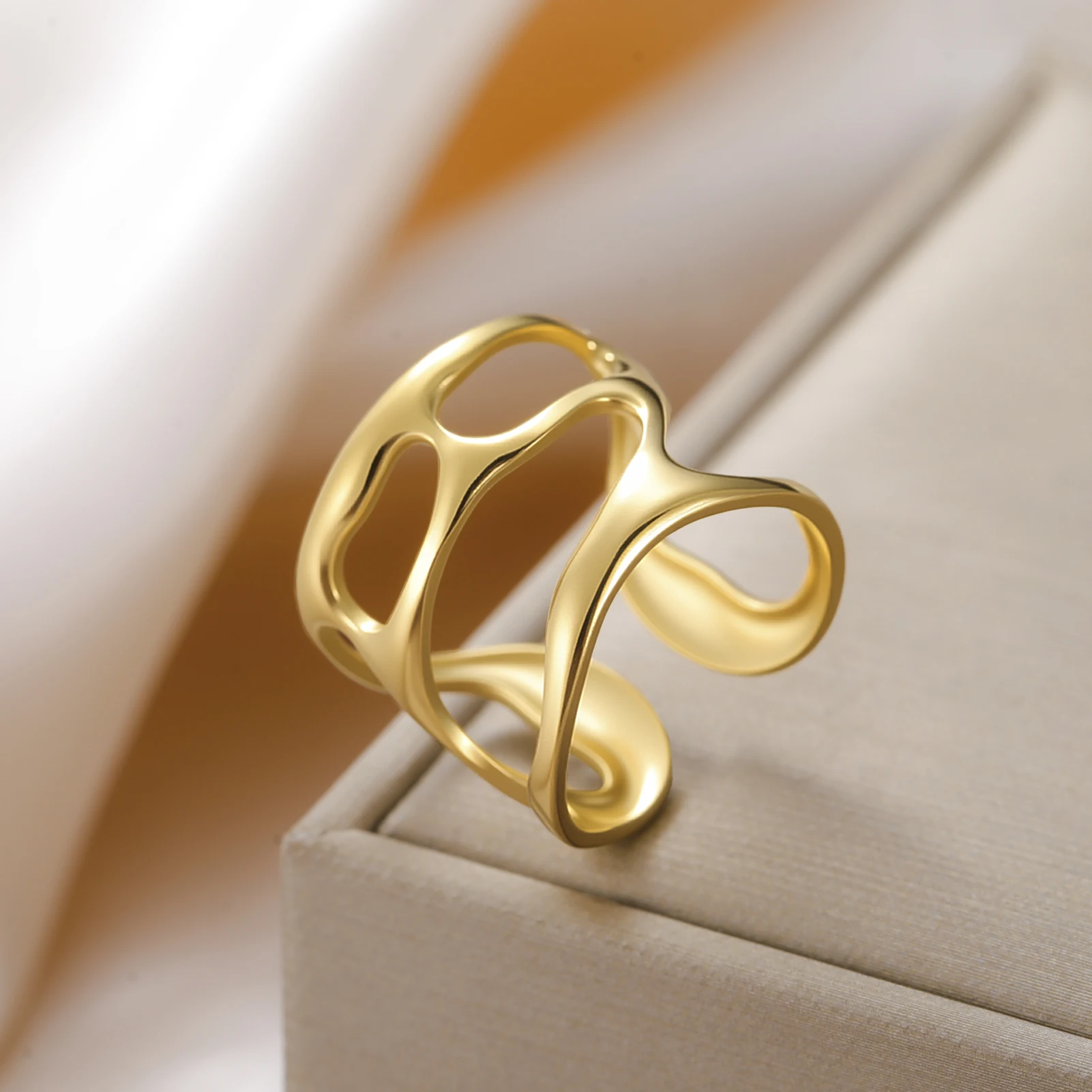 COOLTIME Edelstahl Wasserdicht Ring Mode Vergoldet Unregelmäßige Hohl Offene Ringe Multi-schicht Anillos Schmuck – Detail 6