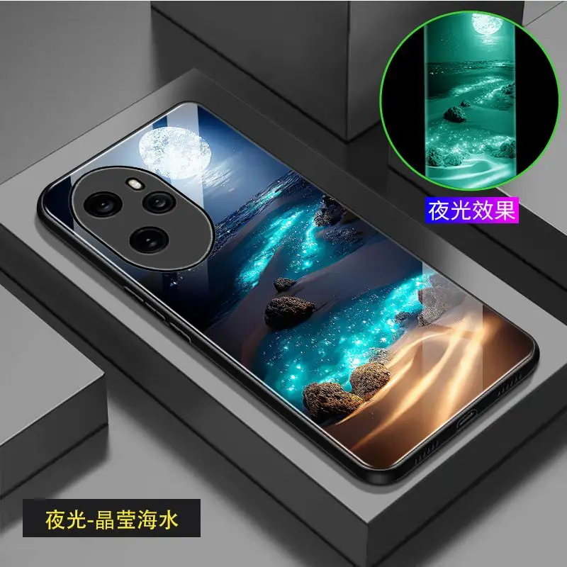 Luminous Tempered Glass Phone Case For Huawei Honor 100 Pro Case Beach pattern Glowing Dark Cover For Honor 100 Case Cover