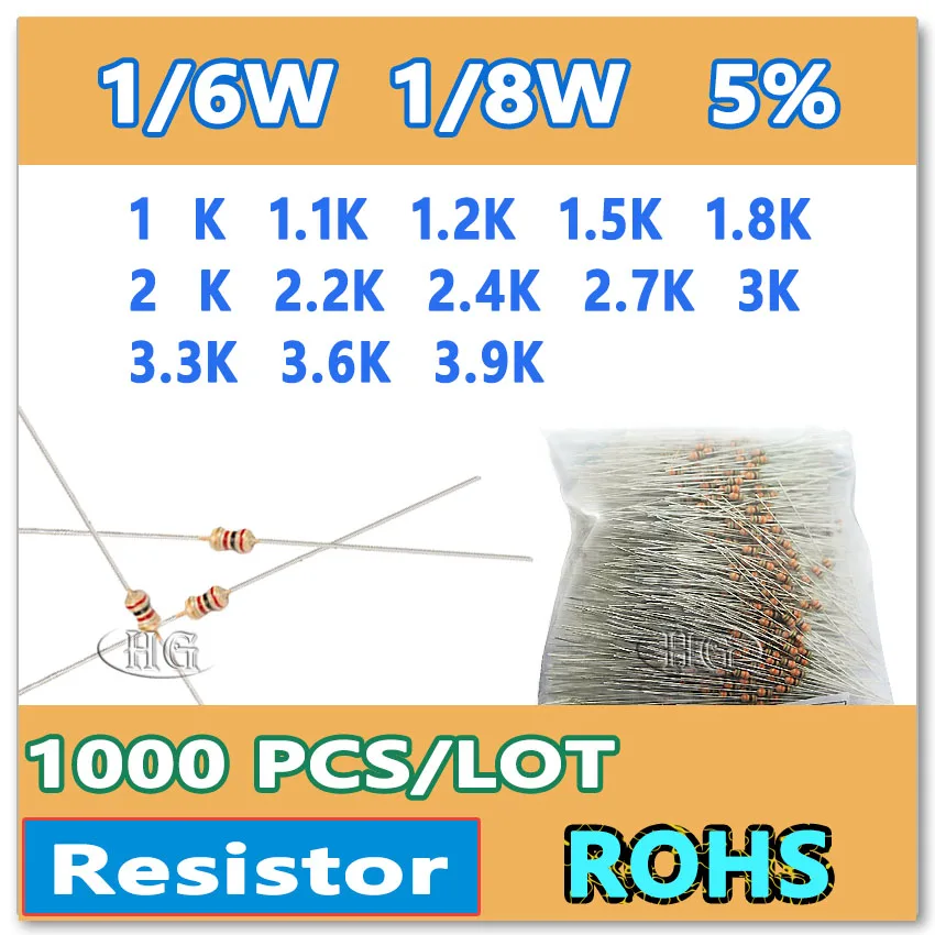 JASNPROSMA 1000 ชิ้น/ล็อต 5% 1/6W 1/8W 1K 1.1K 1.2K 1.5K 1.8K 2K 2.2K 2.4K 2.7K 3K 3.3K 3.6K 3.9K ฟิล์มคาร์บอน DIP OHM RESISTOR