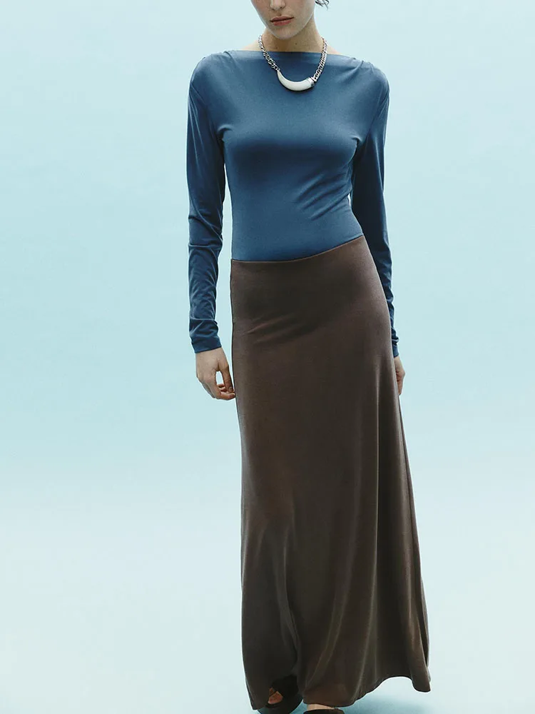 

Spring New Women's Elastic Drapey Fabric Slim Fit Bal round Ne Long Sve Jumpsuit Commute Sle High Waist orts