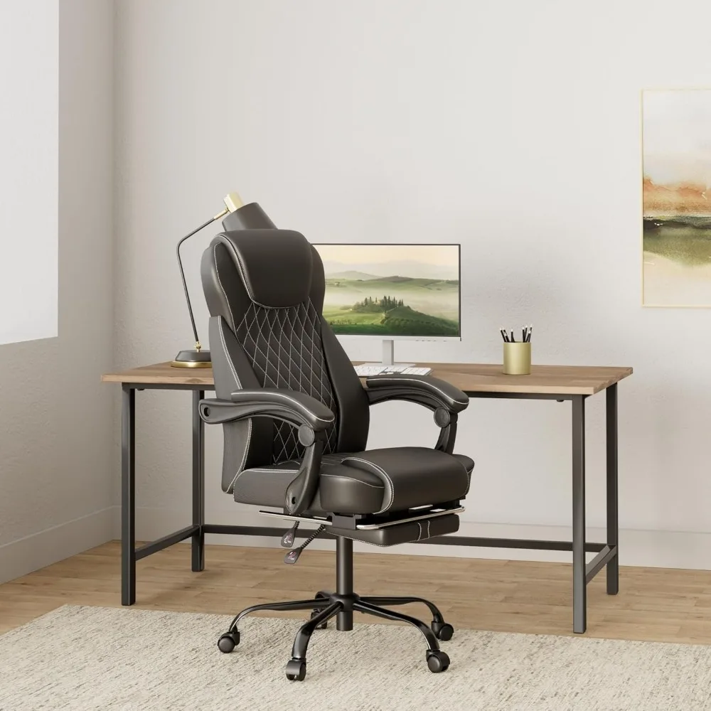 Big and Tall Office Chair with Foot Rest Ergonomic Office Home Desk Chairs Reclining High Back Leather Chair with Lumbar Support