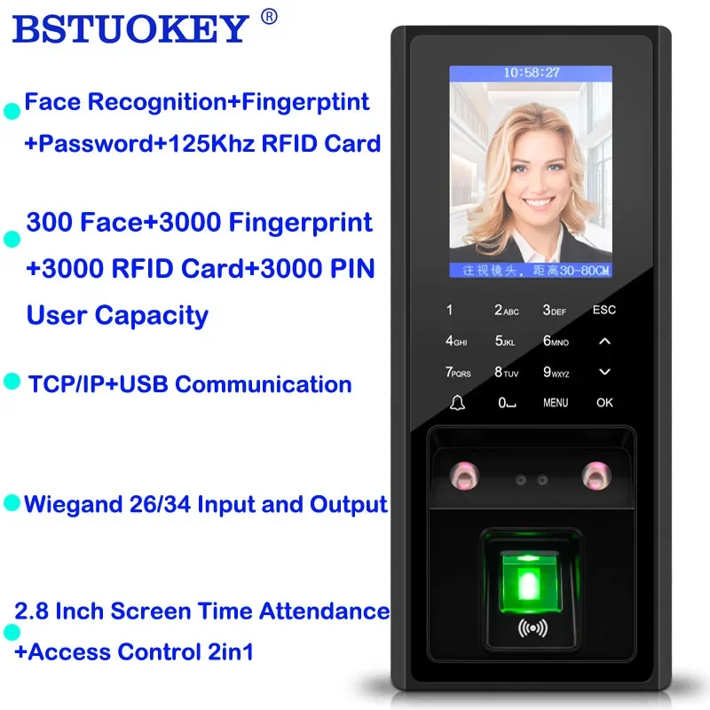 

2.8 inch LCD TCP/Ip USB Biometric Fingerprint Face Access Control System Time Clock 125khz Rfid 300 Face 3000 Figner Card User