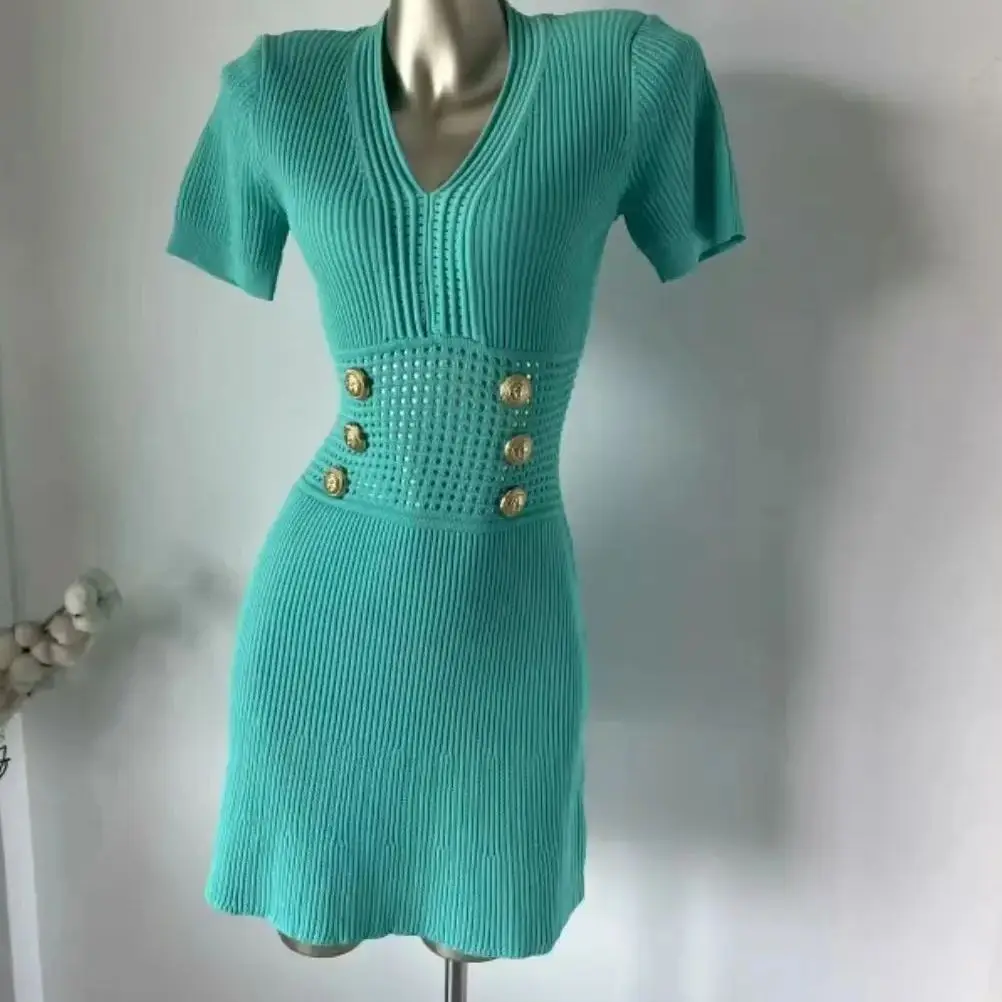 

Spring And Autumn New Fashionable Temperament Commuter High Quality Women's Button Knitted V-Neck Slim Fit Short Sleeve Dress