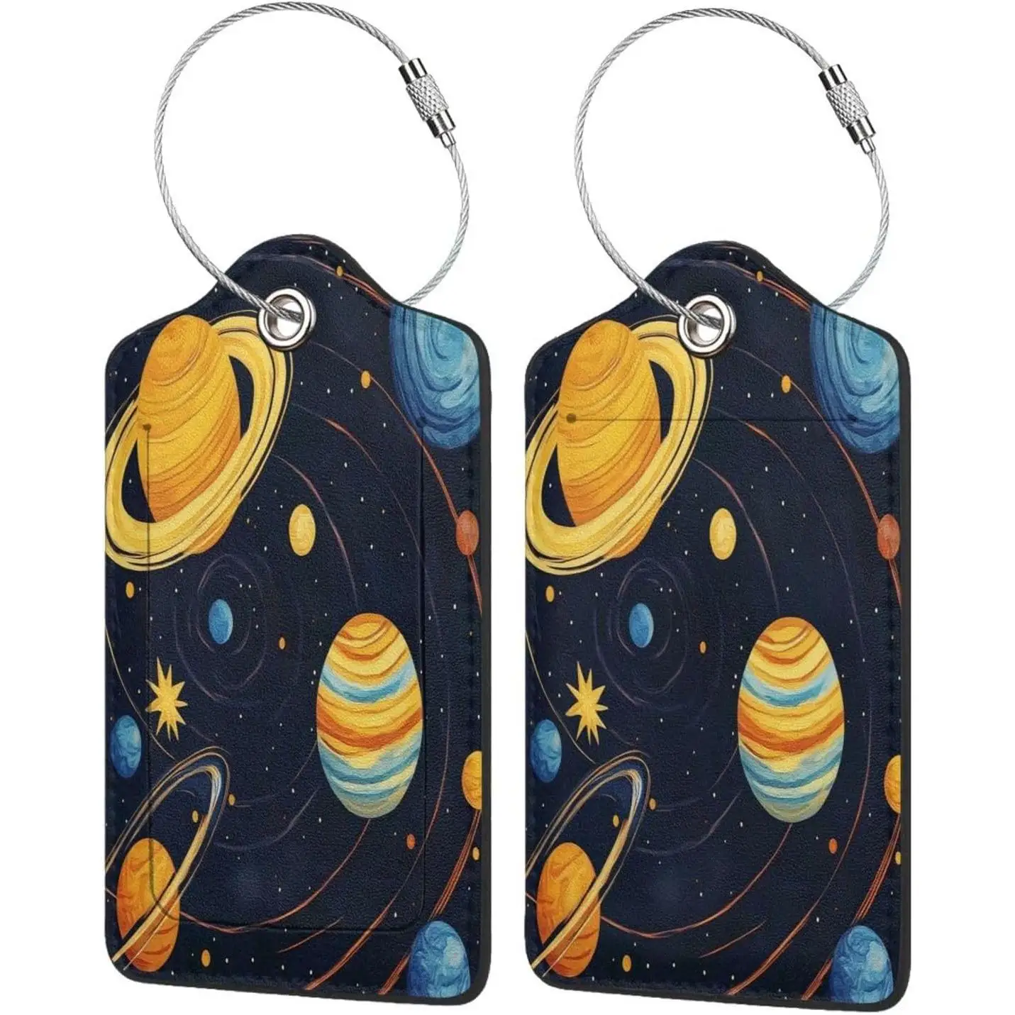 Leather Luggage Tags for Suitcase Solar System Planets Pattern 2 Pack Travel Name Tags with Stainless Steel Loop