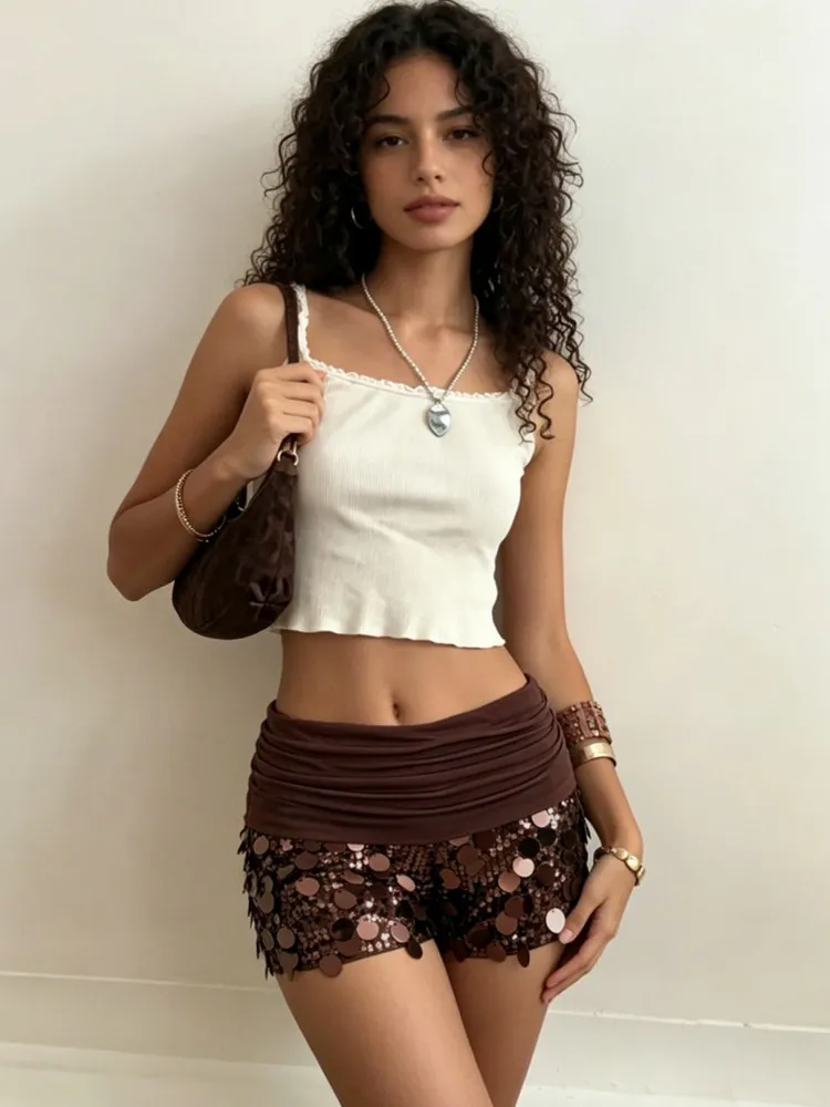 Women Fold Sequin Shorts Elastic High Waist Sparkly Glitter Straight Short Pants Sexy Club Hot Pants Summer Streetwear