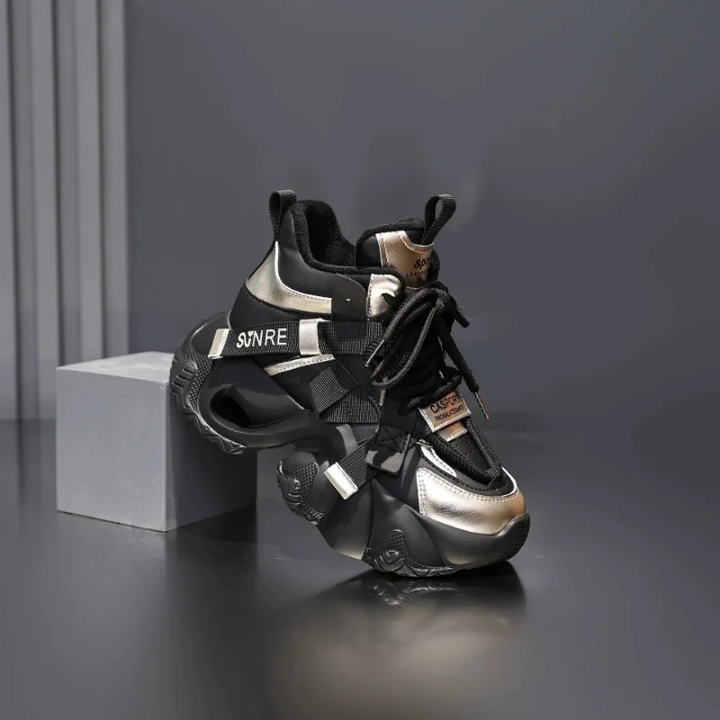 Damskie jesienne zimowe ciepลe grube trampki sznurowane na platformie sportowe buty damskie grube za kolana obcasy 11CM buty sportowe