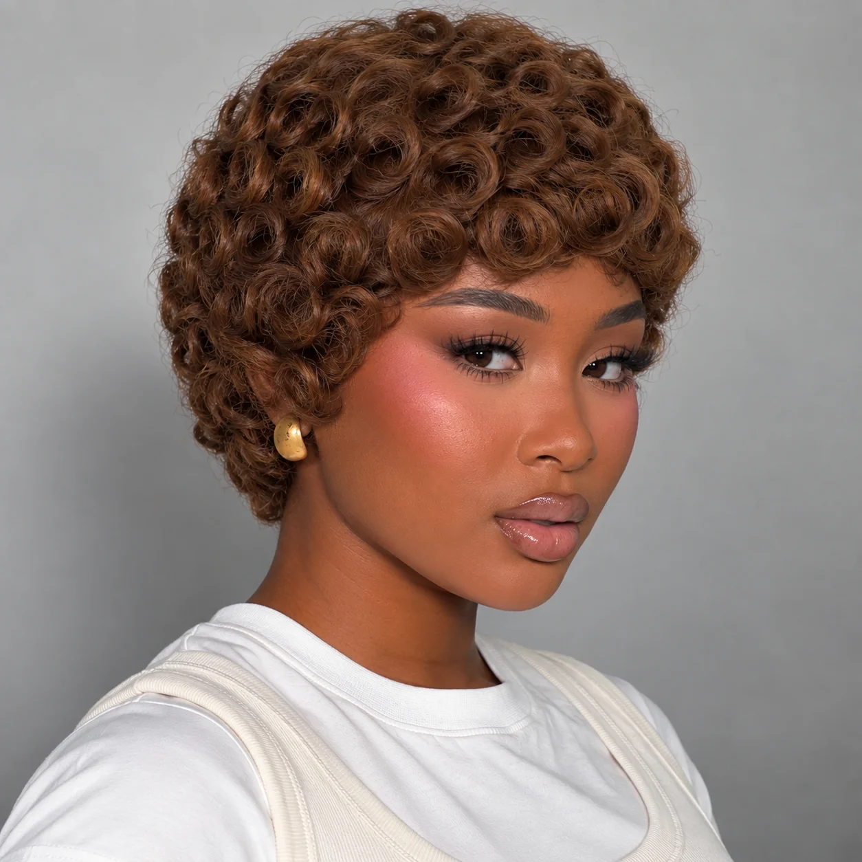 Short Brown Pixie Cut Wig For Women Full Machine Made Glueless Curly Human Hair Wig With Bangs Natural Curly Pixie Style