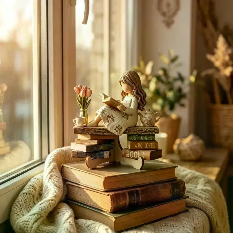 Reading Girl 2D Wooden Figurine, Creative Desktop Ornament for Study Room and Home Atmosphere Decoration