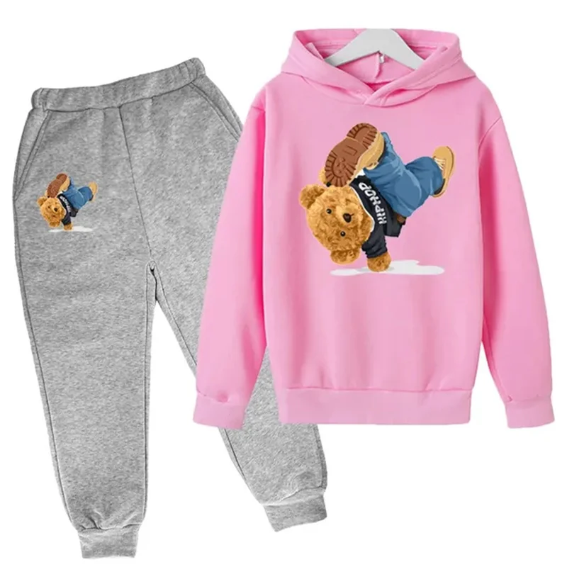 Kids Spring/Autumn/Winter Hoodie+Pants 2pcs Sets 3-14T Children's Street Dance Cartoon Bear Print Boys Girls Childre Tracksuits