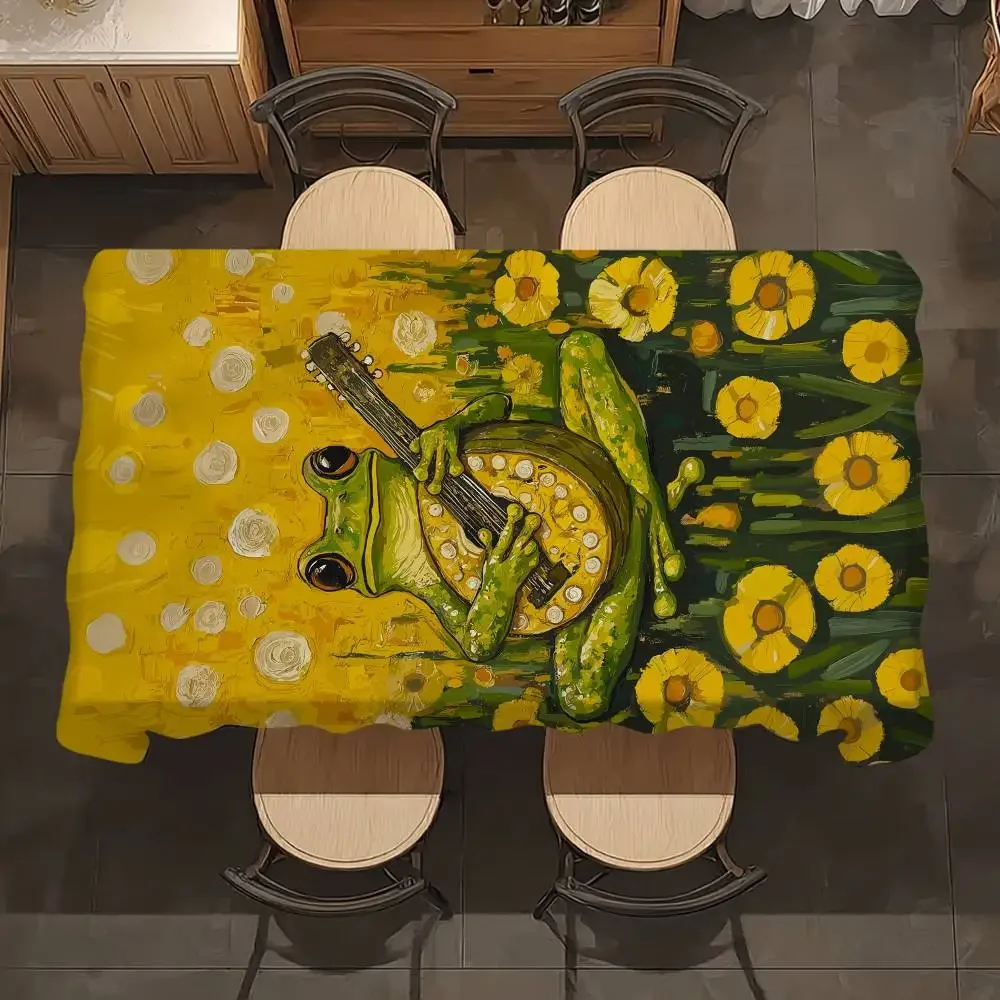 Frog Playing Guitar Table Cloth Waterproof Stain-Proof Polyester Table Cover for Decoration Dining Kitchen Party Tablecloth
