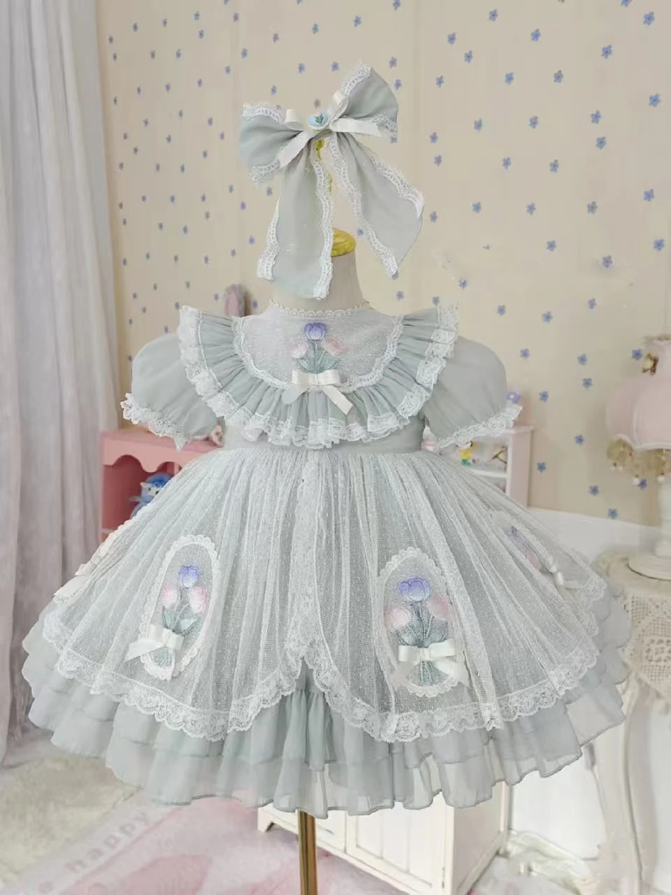 0-12Y Baby Girl Summer Rose Flower Embroidery Grey Vintage Princess Dress for Birthday Holiday Eid Photography B365