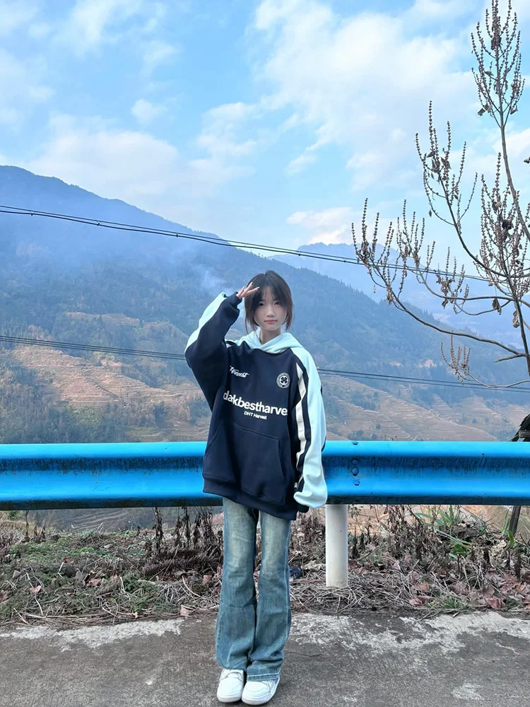 Oversized overirt cor sangue hoodie feminino outono inverno thiened fce casal jaet commute sle longo sve impressão