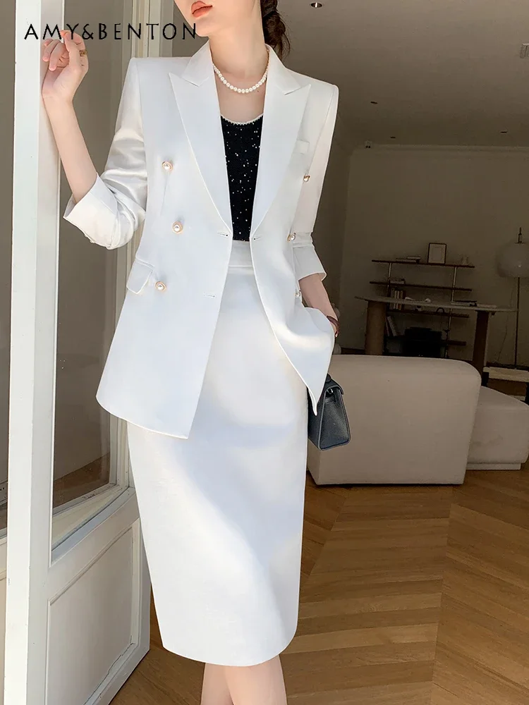 Office Lady White Suit Women Spring Autumn High-end Professional Jackets High Waist Slim Skirt Two Piece Sets Womens Outifits