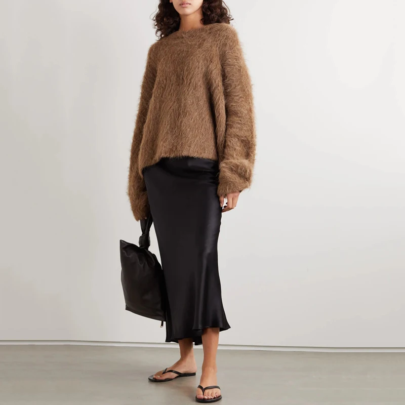 

Женский повседневный вязаный свитер с круглым вырезом из верблюжьей шерсти, модный однотонный топ для женщин