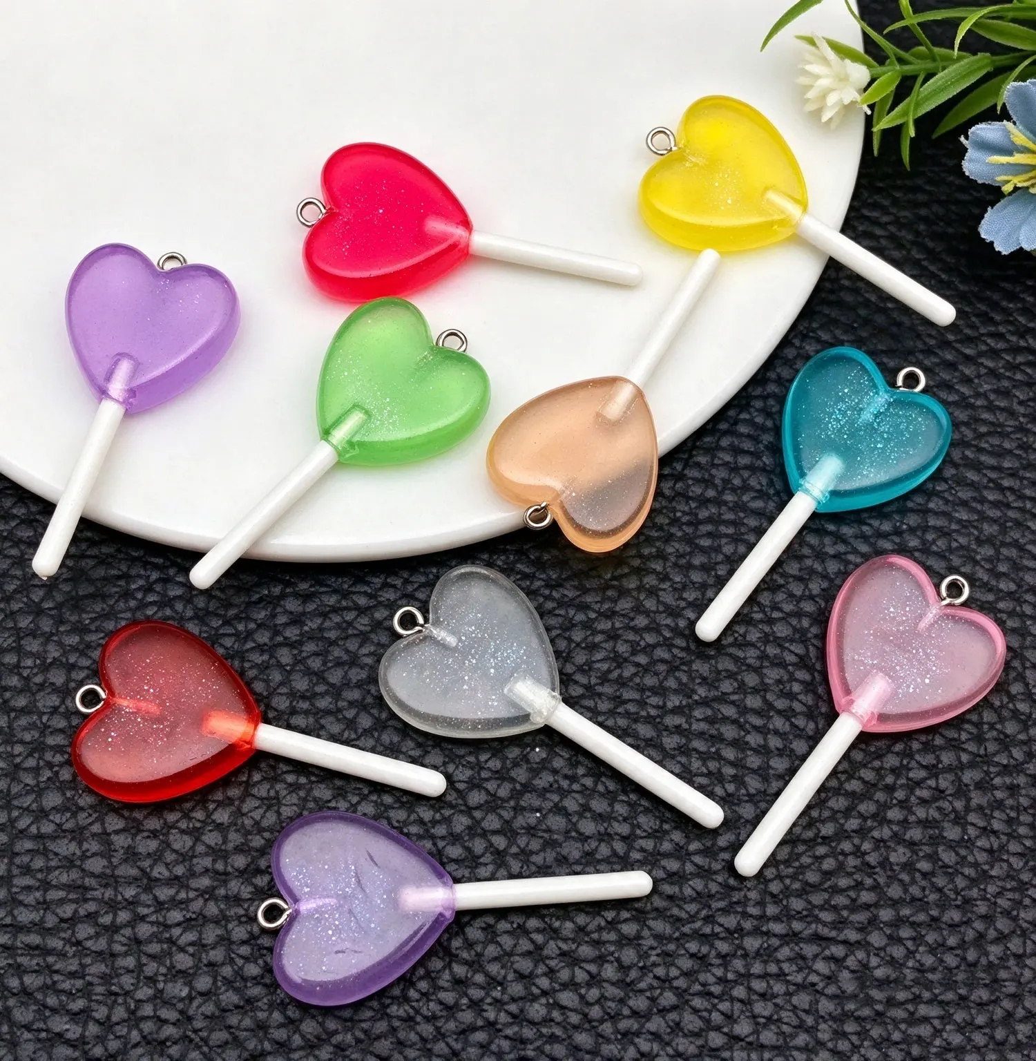 SW16 10PCS 21x46mm Candy Color Realistic Heart Lollipop Charms Resin DIY Pendants Women's Dainty Jewelry Workmanship Material