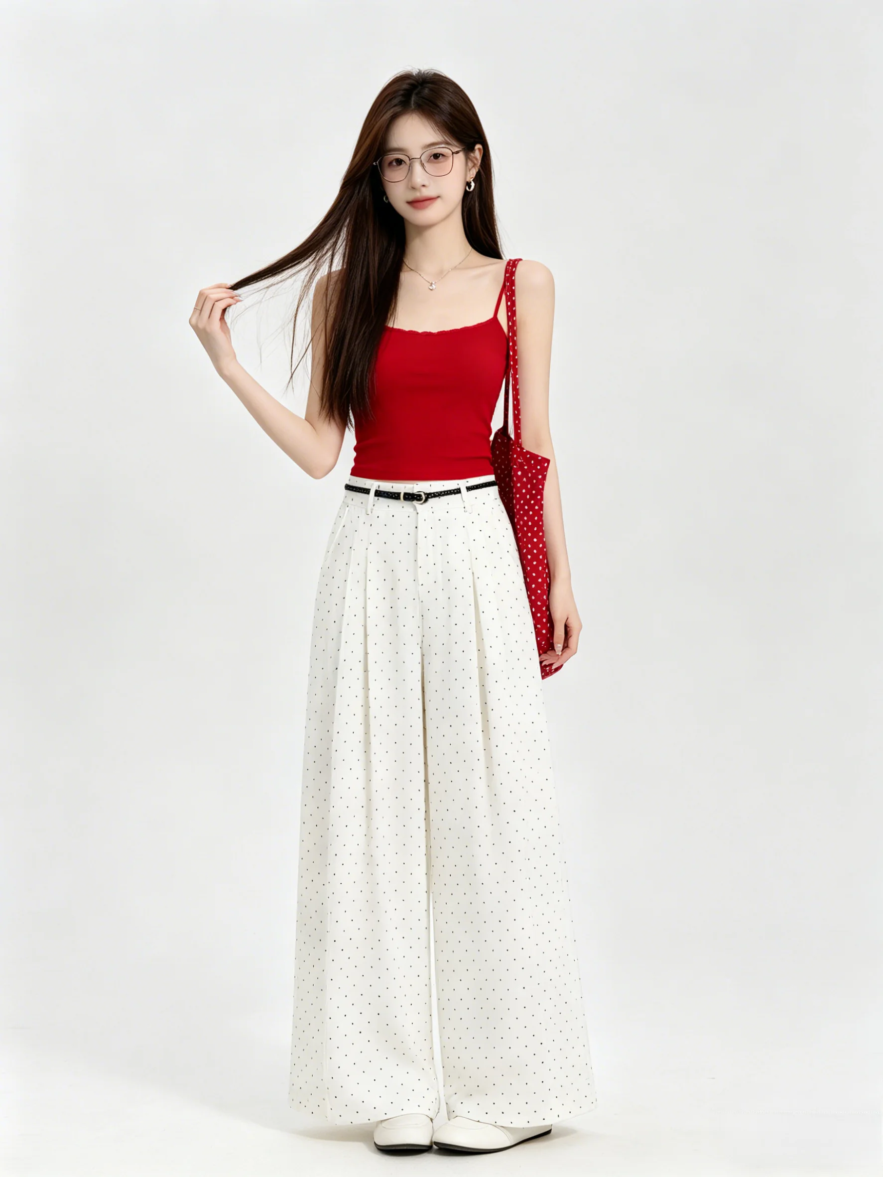 

Elegant White Polka Dot Wide Leg Pants Women's Casual Draped Slimming Summer Skin-friendly Breathable Korean Style Versatile