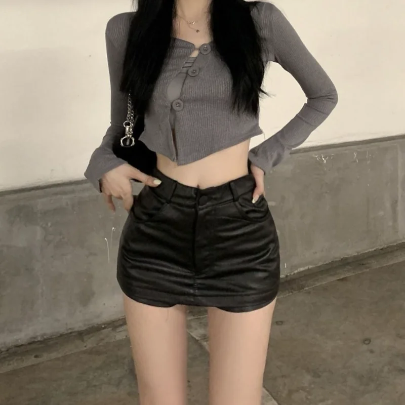 PU Skirts Women Solid Simple Sexy Autumn Korean Style Creativity Special Charming All-match Daily Ladies Vintage Basics Casual