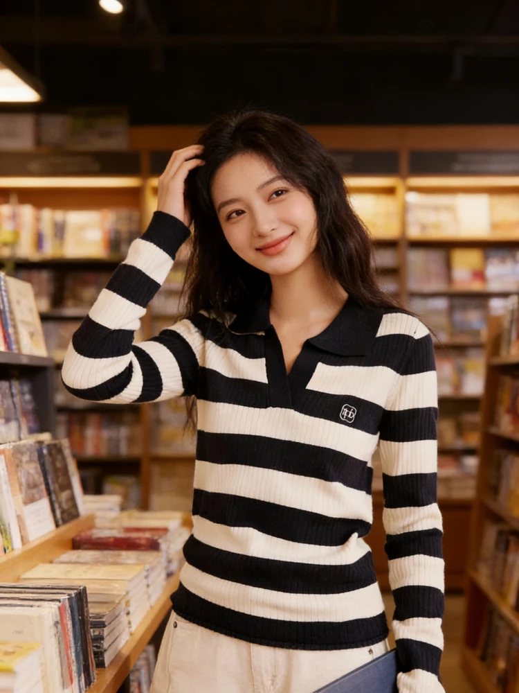 

Retro Striped Color Blo Collar Knitwear Long Sve Women's Slim Fit Pullover Base irt Autumn Winter Casual Sle