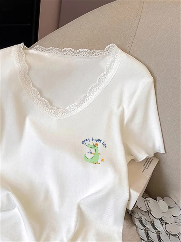 T-shirt V-ne ort Sve in pizzo bianco Top estivo dimagrante da donna Faionable Abbigliamento casual Traspirante Sweat-ng